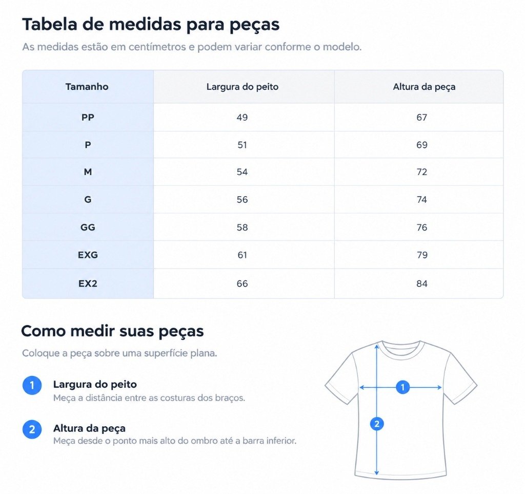 Tabela de Medidas - Camisa do Brasil Tradição Fé Jesus Cristo Dry Fit Especial